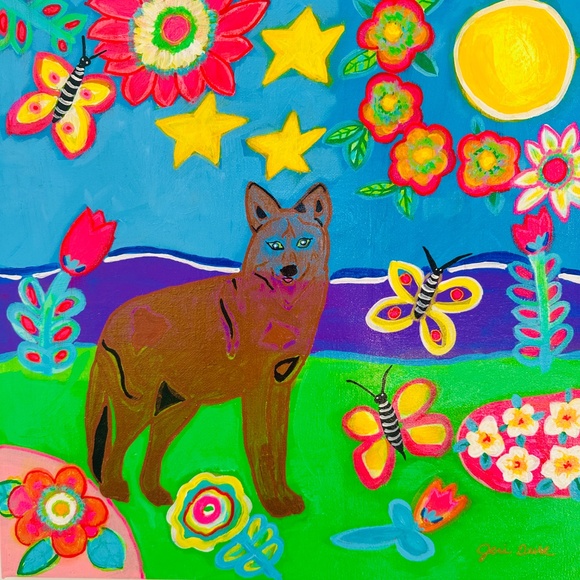 Original Painting FOLK Art Coyote Butterfly and Flowers 14" x 14" Canvas